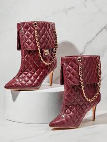 SHUZIA Women's Glamorous Sexy Pointed Toe Stiletto Heel Quilted Bag Like Booties For Christmas - Burgundy - View 4