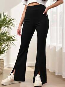 SHEIN 青少年女孩休闲喇叭裤，侧开衩，百搭别致学院风长裤