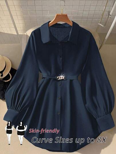 SHEIN CURVE+ 女士金属装饰灯笼袖长衬衫，优雅时尚