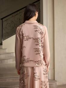 ZEYLAH Elegant Women's Long Sleeve Casual Shirt With Romantic Ribbon Collar And Sequin Decor - Apricot - View 3