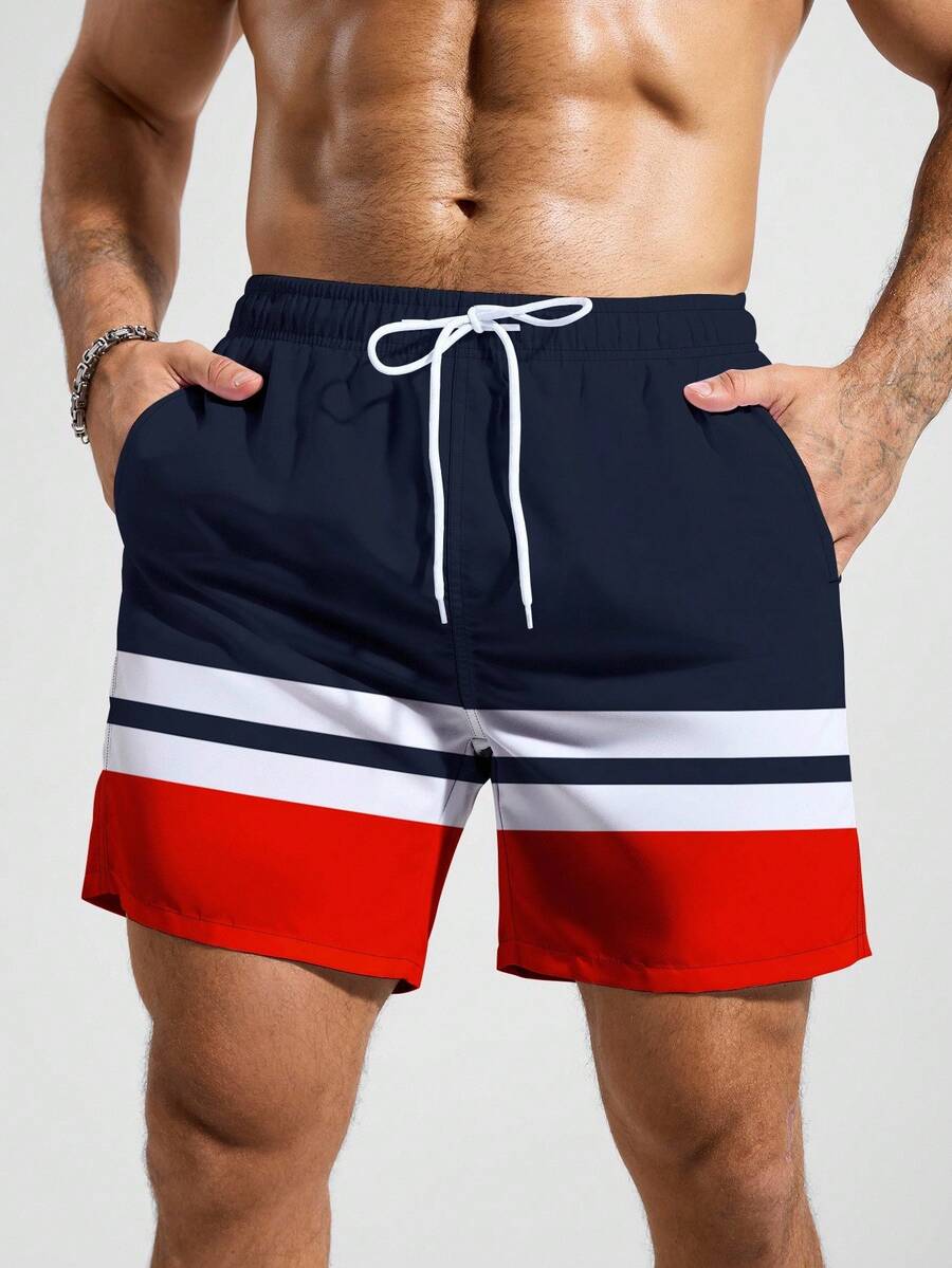 Surfspeed Men's Contrast Color Casual Beach Shorts, Holiday - Navy Blue - View 1