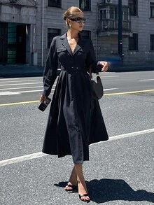 DAZY Women's Fashionable Casual Waist Belt Trench Coat Style Mid-Length Dress Button Up Shirt Dress - Navy Blue - View 4