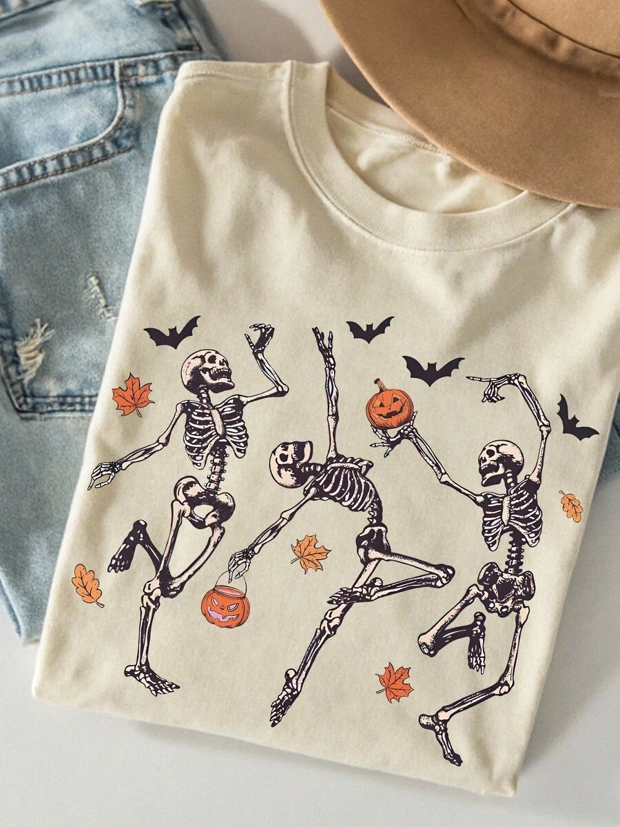 INAWLY Áo thun Halloween cổ tròn tay ngắn họa tiết bộ xương nhảy múa cổ điển dành cho nữ, thích hợp mặc hàng ngày, quà tặng Halloween - Màu be - Xem 1