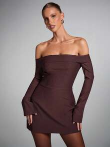 SHEIN BAE Fall And Winter Women's Solid Color Off Shoulder Long Sleeve Zipper Back Design Fashion Dress, Brown Dress Women,Elegant Suit Dress - Rust Brown - View 4