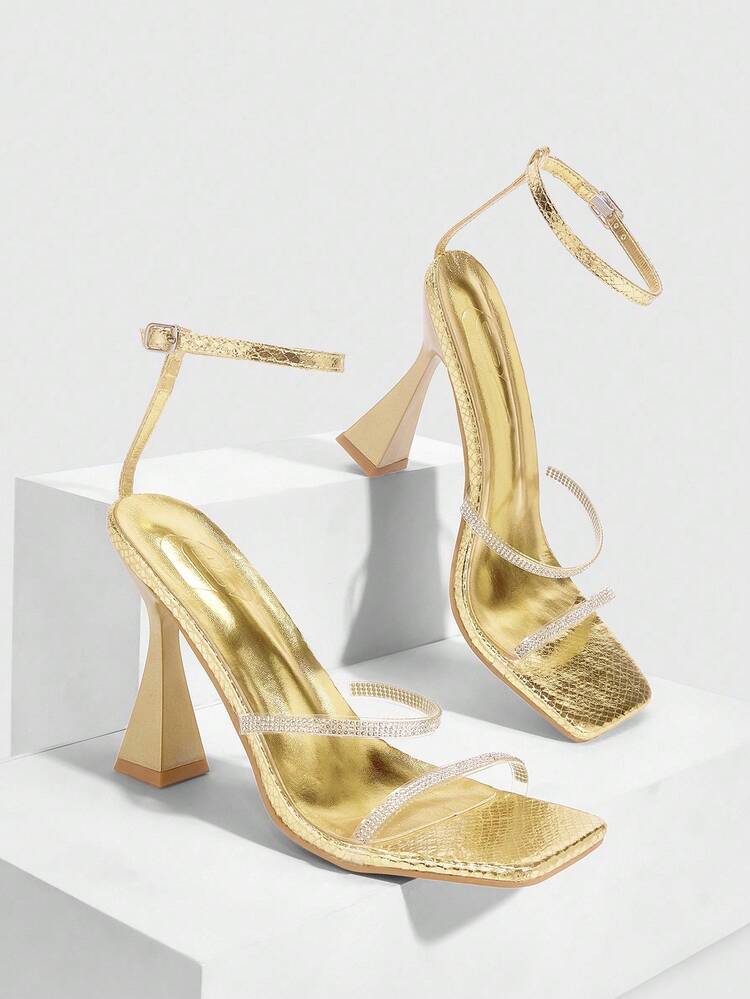 CUCCOO SZL Gold Metal PU Strap Rhinestone Embellished Chunky High Yellow Heel Square Toe Sandals