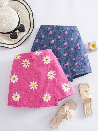 Elladie kids Set de 2 shorts asimétricos con estampado de mezclilla falsa de girasol, corazón y cara sonriente para niñas, en combinación de azul y rosa, adecuado para salidas de verano