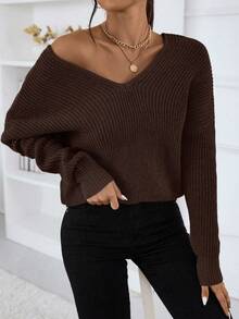EMERY ROSE Women's Casual V-Neck Dropped Shoulder Long Sleeve Loose Pullover Sweater, Autumn - Coffee Brown - View 5