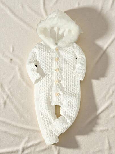 SHEIN Playful Pals Baby Boys' Solid Colored Thermal Lined Hooded Jumpsuit