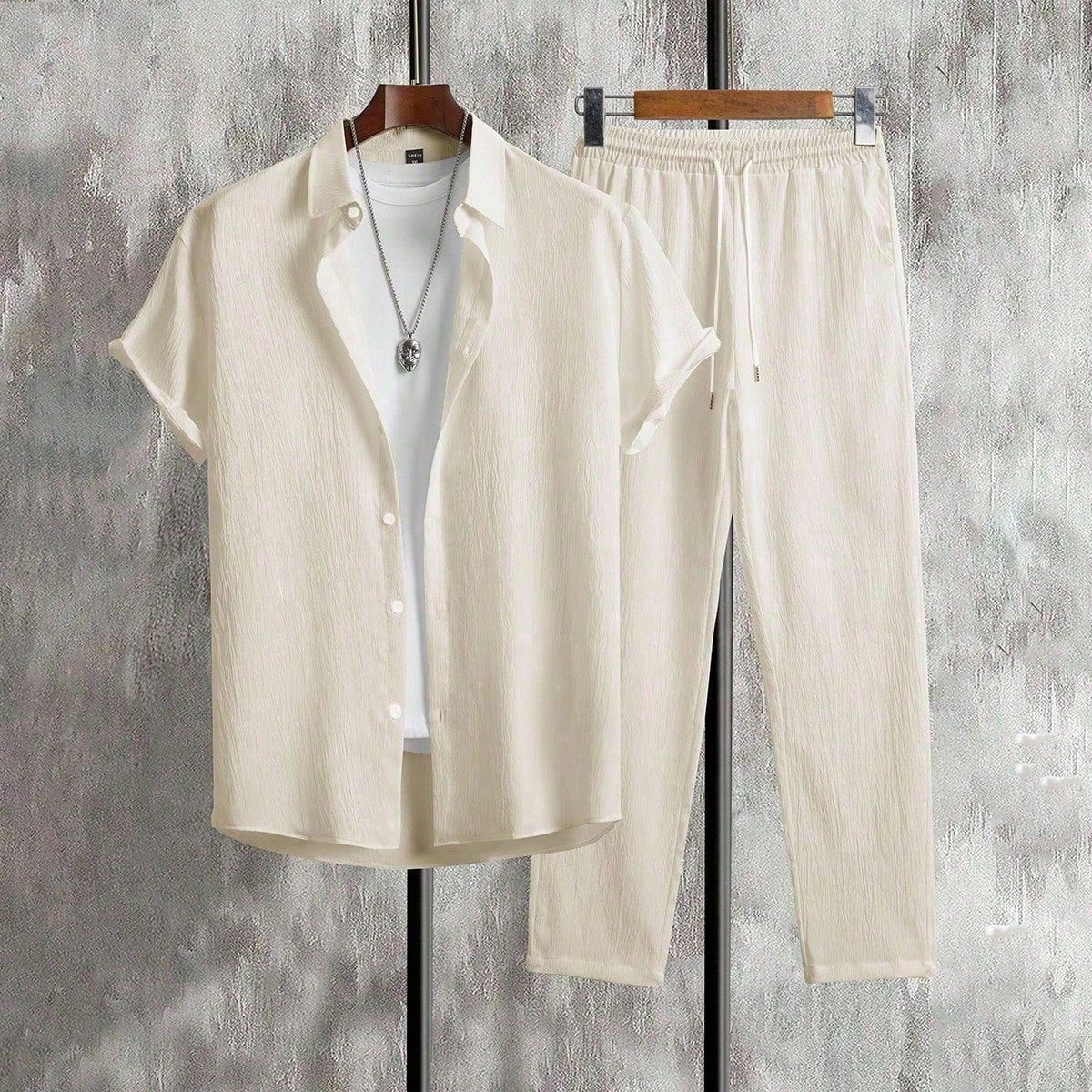 Set casual de 2 piezas de camisa y pantalón de unicolor y textura para hombre, para verano