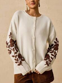 Travachic Áo len cardigan tay dài cài nút phía trước dáng rộng thoải mái cho nữ cỡ lớn vào mùa thu/đông - Màu be - Xem 4