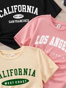 SHEIN EZwear Set de 3 camisetas de cuello redondo de manga corta, ajustadas y cortas con estampado "CALIFORNIA LOS ANGELES" en estilo minimalista y casual, adecuadas para el verano - Multicolor - Ver 6