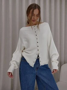 MUSERA 船领宽松蝙蝠袖开衫，正面按扣设计，可爱优雅性感，街头风，适合夜间外出、晚宴派对等场合，冬春皆宜。 - 白色 - 查看 5