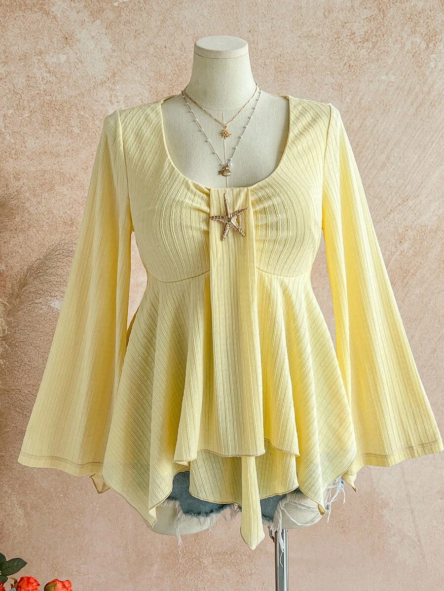 Soleia Plus Size Women's Vacation Yellow Flared Long Sleeve Layered Hem T-Shirt - Yellow - View 1