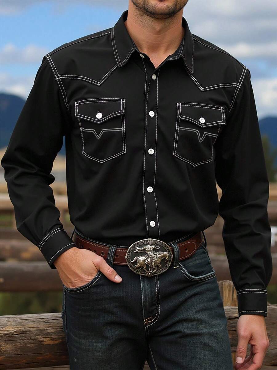 Manfinity Nomadique Men's Solid Front Button-Down Casual Long-Sleeved Shirt, For Fall - Black - View 1