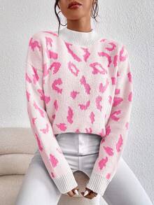 EMERY ROSE Áo len chui đầu dài tay họa tiết da báo dáng rộng thoải mái cho nữ, mùa thu - trắng - Xem 4