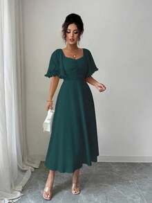 Modelyn 女式纯色奶油黄色雪纺荷叶边袖设计夏季法式度假连衣裙 - 墨綠色 - 查看 8