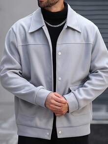 Manfinity Homme Plus Size Men's Casual Solid Color Button-Up Loose Overcoat, Light Grey , Fall/Winter