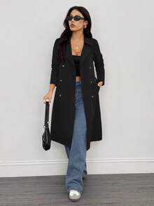 SHEIN PETITE 复古长袖收腰女士风衣，冬季，新年夜，商务黑色外套 - 黑色 - 查看 3