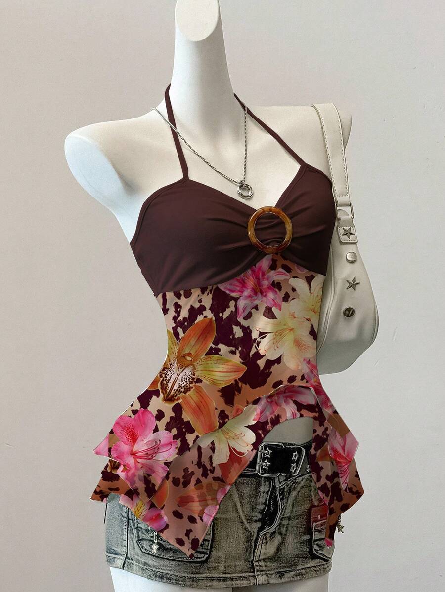 SHEIN EZwear Leopard Floral Romantic Vintage Casual Printed Mesh Women Camisole Top, Comfortable For Autumn - Multicolor - View 1