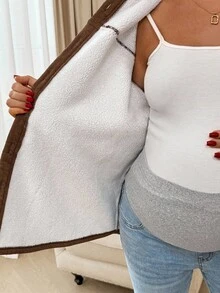 SHEIN Casual Loose Solid Color Long Sleeve Button-Up Warm Fleece Maternity Blouses - Brown - View 7