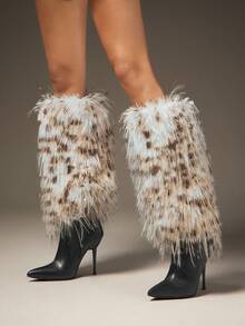 SHUZIA 女士时尚毛茸茸尖头细高跟冬季保暖舒适及膝靴 - 米色 - 查看 3