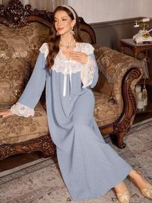 SHEIN 女士蕾丝拼接宫廷风镂空长袖宽松睡裙，蕾丝睡裙，秋冬款 - 藍色 - 查看 3