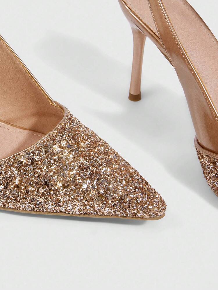 CUCCOO SZL Sapatos de Salto Alto Stiletto de Bico Fino Femininos, Splicing de Tecido Dourado Brilhante em PU, Moda Confortável para Uso Diário, Festa, Banquete, Design com Fivela