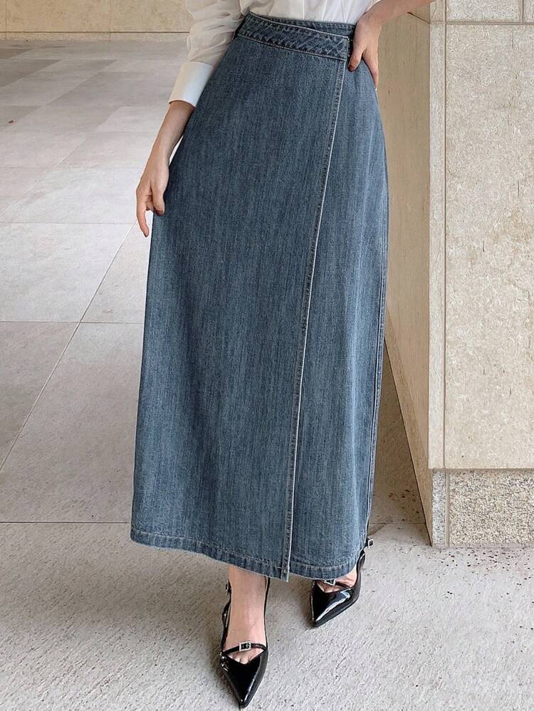 Women's Wrap-Style Side Tie Split Hem Long Casual Denim Skirt