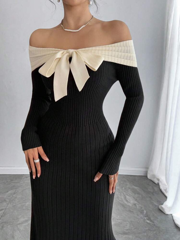 Women's Contrast Color Off Shoulder Tie Bow Fitted Long Elegant Dress, Sexy & Sweet For Autumn/Winter Sweater Dress