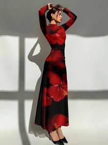 Aloruh 新款优雅黑色底红色扎染印花长袖修身连衣裙，适合晚宴、约会、日常穿着、秋季穿着、凉爽秋日、圣诞节、圣诞派对等场合。 - 黑色 - 查看 4