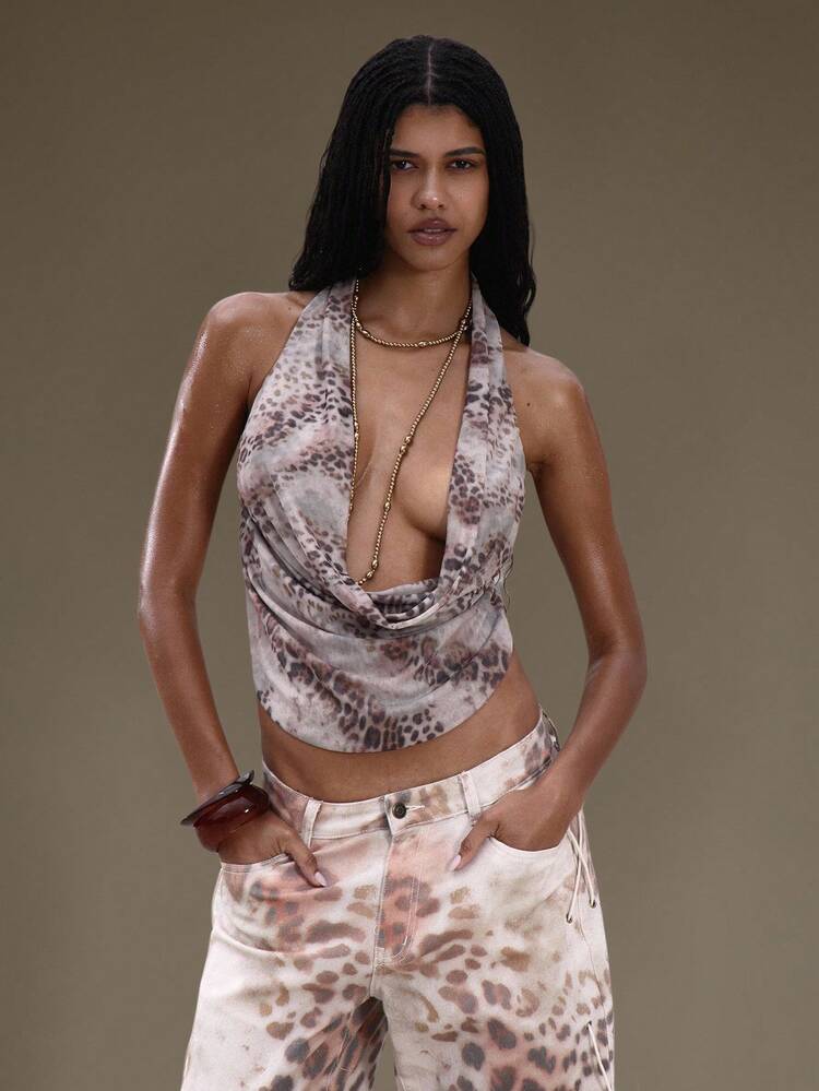 MUSERA Extreme Plunge Cowl Halter-Neck Leopard Print Mesh Top Night Out Date Night Sexy Cool Occasion Birthday Club Elegant Fall Autumn Rapture Festival Carnival Summer Spring Holiday - Multicolor - View 1