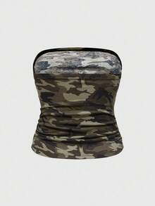 ROMWE J-Fashion Plus Size Women Camouflage Rhinestone Decor Bandeau Top - Army Green - View 2
