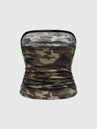 J-Fashion Top bandeau con decoración de rhinestones y camuflaje para mujer de talla grande