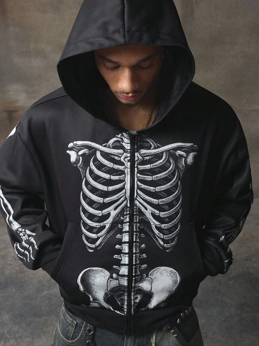 AXEPEAK 男式撞色印花连帽长袖运动衫，秋冬 - 黑色 - 查看 1