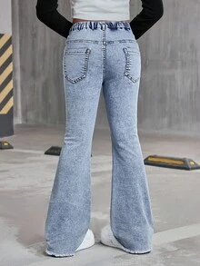 Jeans pitillo para niñas preadolescentes con bordado de corazón desgastado, pantalones vaqueros de denim azul claro lavado casual