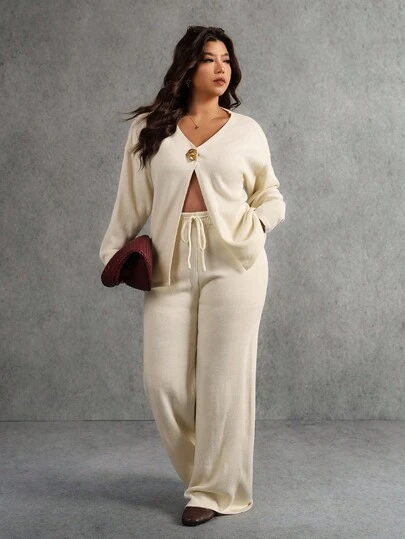 Elaquor Plus Size Elegant Sophisticated Minimalist Knit 2 Pieces Set, Fashion Commuter Metal Button Sweater & Pants For Women Cream Two Piece Set Comfortable Two Piece Set/Winter