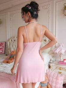 PetitDoll 女式简约纯色性感蕾丝花边吊带睡衣 - 粉色 - 查看 2