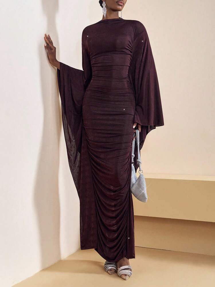 Zivah 20  New Fall And Winter Women Clothes Casual Elegant Slim Fit Solid Brown Asymmetrical Large Flared Long Sleeve & Gathered Women Maxi Dress, Suitable For Back To School,Country Concert Outfit,Homecoming,Halloween,Christmas,Brunch Outfits For Women,Going Out Outfits , Church Outfits Women,Travel, Shopping,Wedding Guest Dress,Birthday Dresses For Women ,Party Dinner-A - Brown - View 1