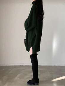 Almamuse 女式时尚休闲高领短款毛衣裙 - 墨綠色 - 查看 3