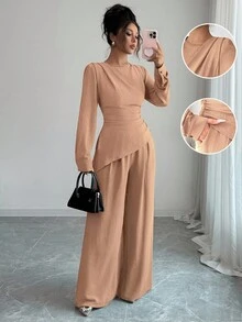 SHEIN Raffinéa Bộ 2 món/Bộ đồ nữ cổ tròn màu trơn xếp ly viền bất đối xứng tay dài 2 món mặc ở nhà Bộ đồ hai mảnh kín đáo cho nữ Bộ đồ hai mảnh thanh lịch cho nữ - Màu Khaki - Xem 6