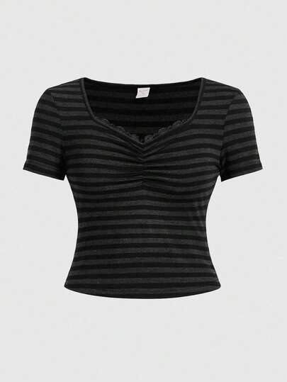 تي شيرت نسائي مقاس كبير بأكمام قصيرة مطوية وخطوط رفيعة ، متعدد الاستخدامات للخريف