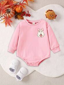 Halloween Baby Girl Casual Fashion Creative Tic-Tac-Toe Pumpkin, Bow, Ghost & Goblin Print Long Sleeve Bodysuit, Fall Clothes Winter - Pink - View 2