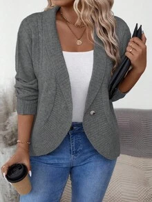 SHEIN Plus Size Women Solid Color Long Sleeve Shawl Collar Casual Knit Cardigan, Autumn