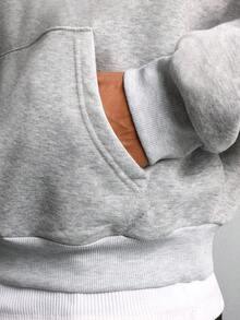 SUMWON 短款宽松版型加厚连帽衫，饰有品牌标志，采用法式毛圈面料，休闲街头风卫衣，冬季舒适居家服，罗纹袖口和下摆，纯色 - 淺灰色 - 查看 5