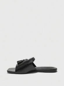 CUCCOO BIZCHIC Women's Fashion Versatile Tassel Black Flat Slide Sandals, Comfortable Lightweight Slip-On Flat Sandals