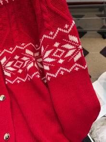 EMERY ROSE 秋季大码女式几何图案长袖单排扣针织开衫 - 紅色 - 查看 6