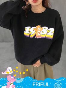 FRIFUL SHEIN X Care Bears Women's Loose Fit Crew Neck Cartoon Pattern Thermal Lined Thick Sweater - Black - View 5