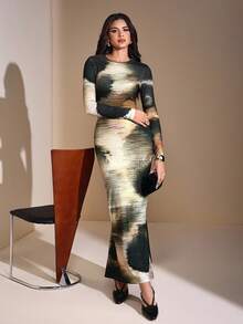 JIAN LASALA Elegant Gradient Print Long Sleeve Maxi Knit Dress Women Spring Autumn Casual Long Dress Earth Tone Maxi Dress Abstract Print Maxi Dress Long Sleeve Maxi Dress Long Tight Dress Bodycon Maxi Dress Elegant Dresses For Women Going Out Party Dress Winter Evening Dress Luxury Stylish Clothing Collection