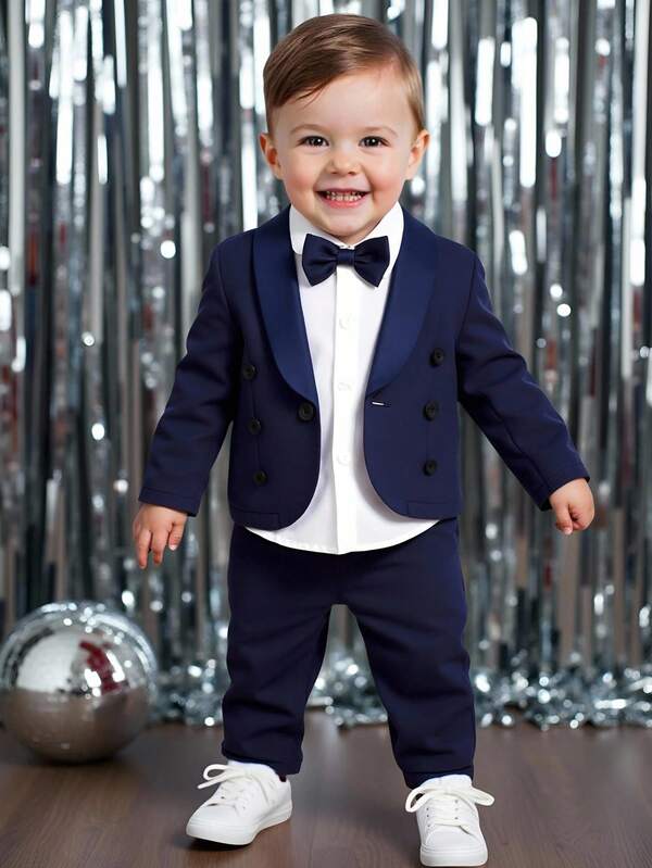 SHEIN 3pcs Baby Boy Gentleman Outfit Set: Lapel Collar Long Sleeve Double-Breasted Jacket, Pants And Bowknot Fall Winter