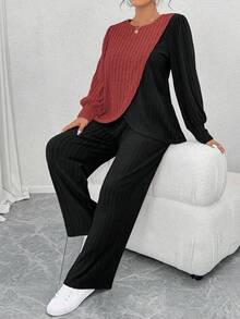EMERY ROSE 加大码圆领长袖柔软针织条纹拼色不对称拼接上衣和柔软针织条纹直筒裤休闲家居服两件套 - 彩色 - 查看 7
